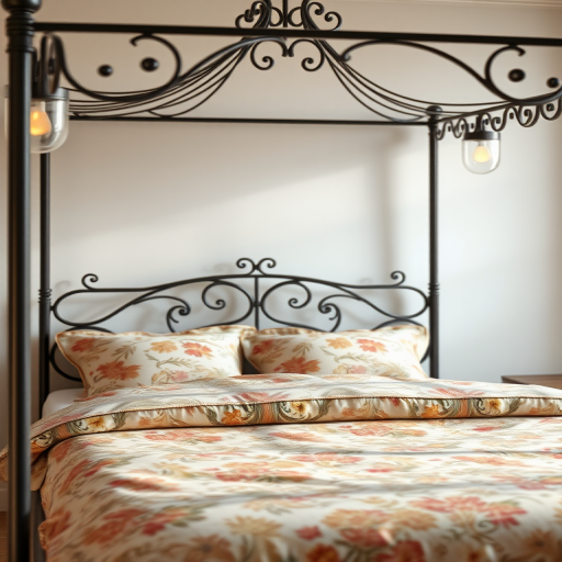 Create a detailed 3D render of a canopy bed with an intricate metal frame, featuring a floral patterned bedding set in earthy tones, soft natural light, focus on textures, shot from a slightly elevated angle, using a DSLR camera with a 50mm lens, aperture set to f/2.8, ISO 100, and a shallow depth of field for emphasis on bedding details.