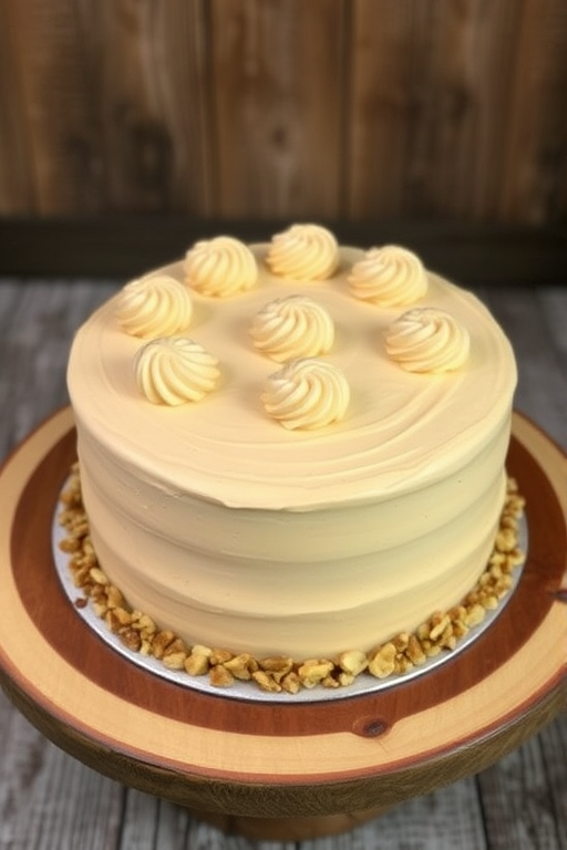 A delicious round cake with a smooth beige frosting decorated with swirls on top and chopped nuts around the base sitting on a wooden cake stand with a rustic background.