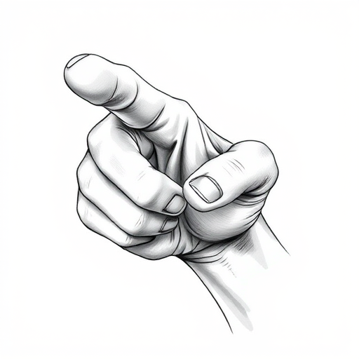 Create a detailed illustration of a pointing human hand, emphasizing the fingers and palm structure, using a DSLR camera with a 50mm lens, aperture set to f/2.8 for a shallow depth of field, shot from a slight top-down angle to highlight the contours and textures of the hand.