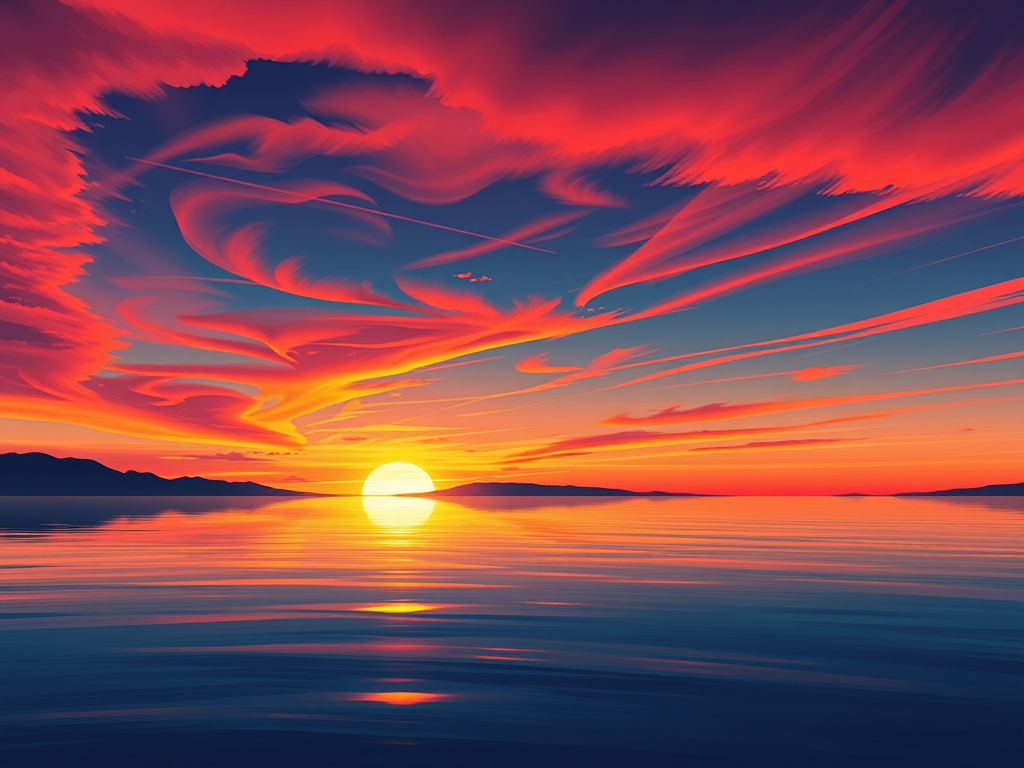 Create a high-resolution digital illustration of a vibrant sunset over a calm ocean, with reflections on the water and silhouettes of distant mountains, captured with a Canon EOS R5 camera, 24mm lens, f/8 aperture, ISO 100, in landscape orientation.