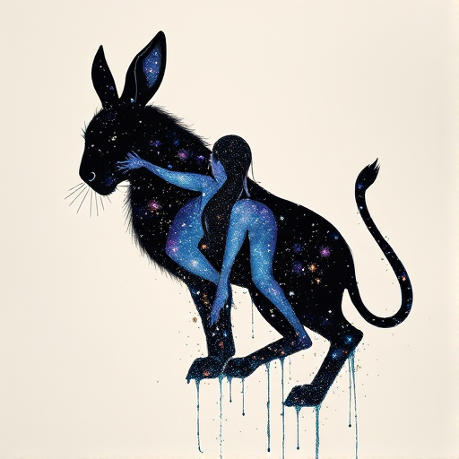 Captivating conceptual render alcohol ink art, double exposure, the paint strokes artfully merge combining a woman's full silhouette with a Humble hare's silhouette. The figures are composed of a series of colored dots, lines & spots that evoke the image of a cosmic galaxy, colors are deep shades of blue purple & black with flashes of white & silver representing distant stars. The woman's silhouette is formed within the lion's silhouette from constellations of scattered stars, surreal