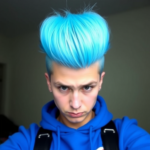 Image of a person with their hair styled upright,  in a cylinder shape. The hair  color is neon blue and appears to be held in place by a hair product, giving it a fluffy texture. The background is nondescript, and the person's face is looking at the viewer nervously.