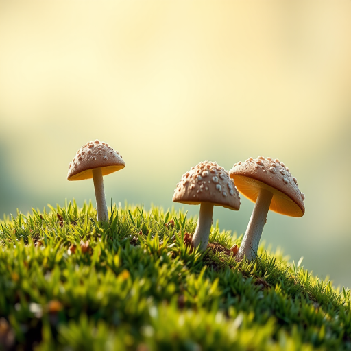 Generate a 3D illustration of three mushrooms on a grassy hill with soft lighting and shadows, using a Canon EOS 5D Mark IV, 50mm lens, aperture f/2.8, ISO 100, and a depth of field that enhances the textures of the mushrooms.