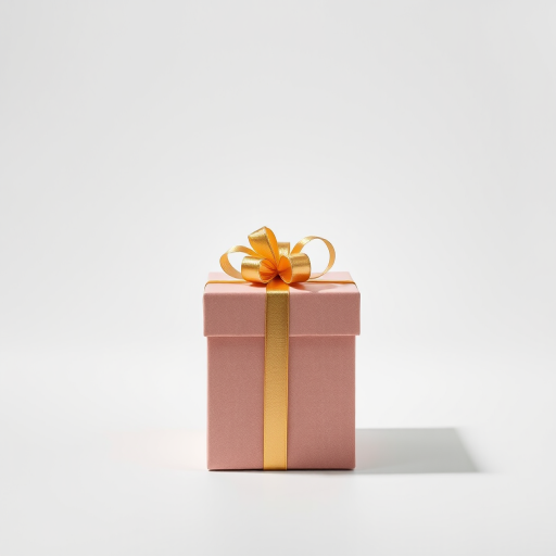 Create a high-resolution image of a stylized gift box with a ribbon on top, captured at a 50mm focal length, f/2.8 aperture, ISO 100, in a well-lit studio with soft lighting for smooth shadows, using a DSLR camera with a shallow depth of field.