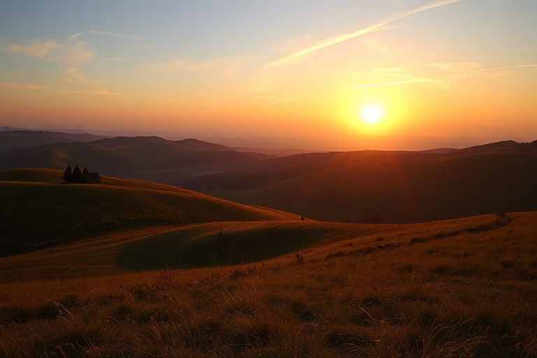A serene landscape with rolling hills and a sunset in the background, shot with a Canon EOS R5, 50mm lens, f/1.8 aperture, ISO 200, 1/125 sec shutter speed, wide-angle view for enhanced depth and richness in color.