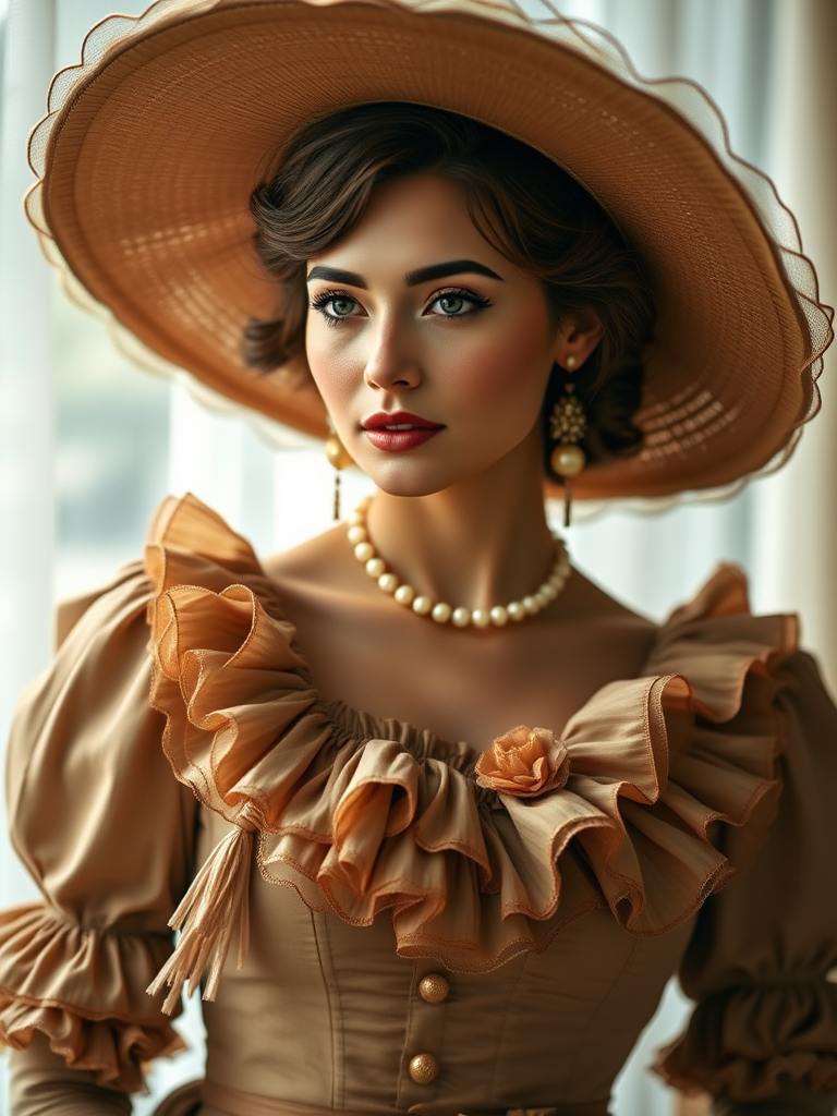 Generate a high-quality portrait of a woman in a vintage dress with elaborate ruffles and a large hat, captured with a Canon EOS R5, 85mm lens, f/1.8 aperture, in soft natural lighting, with a shallow depth of field for a dreamy background effect.
