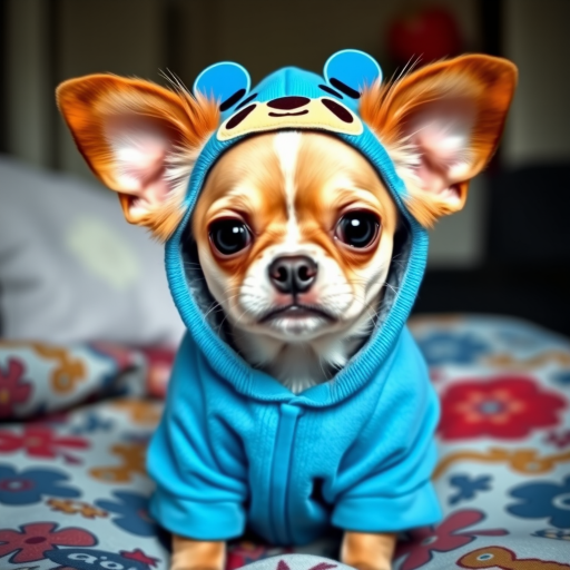 Create an image of a small dog wearing a blue hoodie with large floppy ears, resembling a cartoon character, sitting on a patterned blanket.