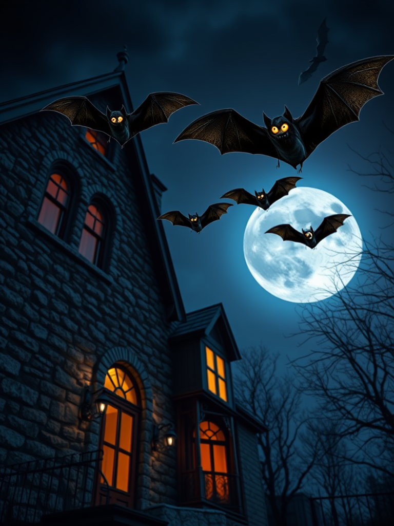 Create a spooky Halloween scene featuring a haunted house with a textured stone facade, three flying bats with glowing eyes, and a large full moon illuminating the night sky, captured with a DSLR camera at f/2.8, ISO 400, shutter speed 1/60s, in a wide-angle view for enhanced depth and clarity.