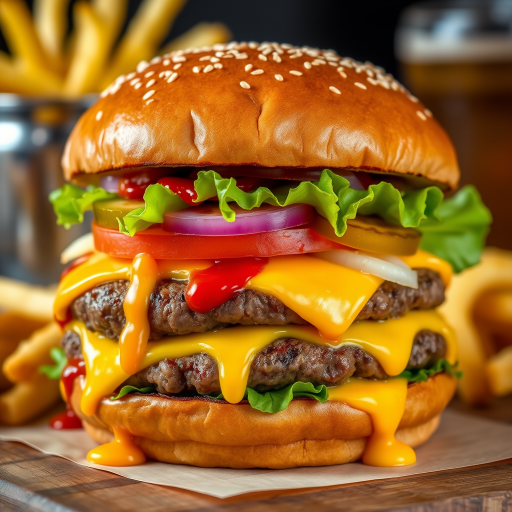 High-resolution, close-up image of a gourmet double cheeseburger. The burger features a glossy, sesame-seed-topped brioche bun. Inside, there are two thick, juicy beef patties, each topped with melted cheddar cheese. The burger is garnished with fresh lettuce, tomato slices, diced onions, and pickles. A generous amount of ketchup and a creamy, orange-colored sauce is dripping down the sides, adding to the mouth-watering appeal. In the background, there are blurred elements including a side of golden French fries and a hint of a beverage, enhancing the overall presentation of a delicious meal.