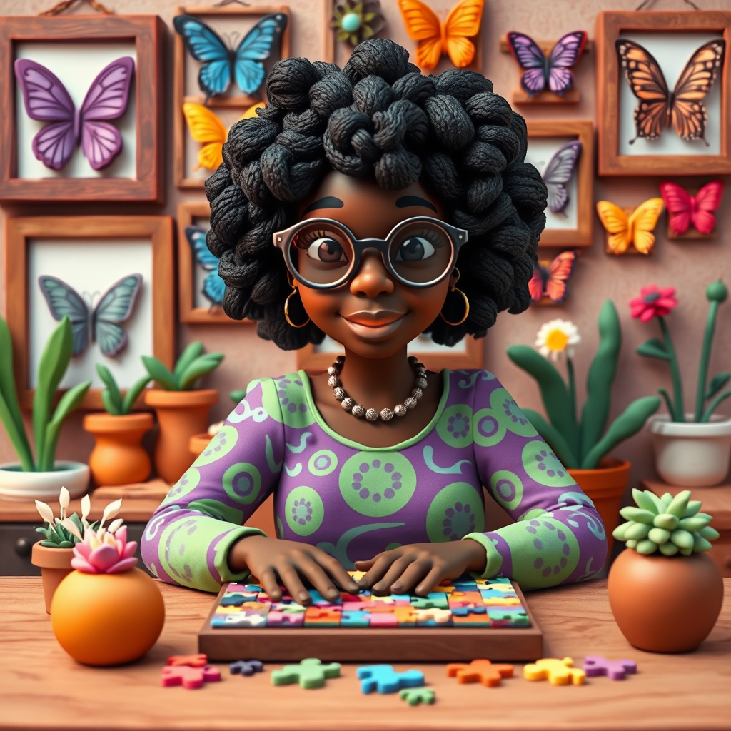 A vibrant and whimsical illustration of an african american woman sitting at a table working on a colorful jigsaw puzzle. she is wearing round glasses, and patterned clothing in shades of purple and green.  The background features an eclectic collection of framed butterflies, potted plants, and other natural elements, creating a warm and inviting atmosphere. The style is playful and modern, with rich textures, intricate details, and a lively color palette.