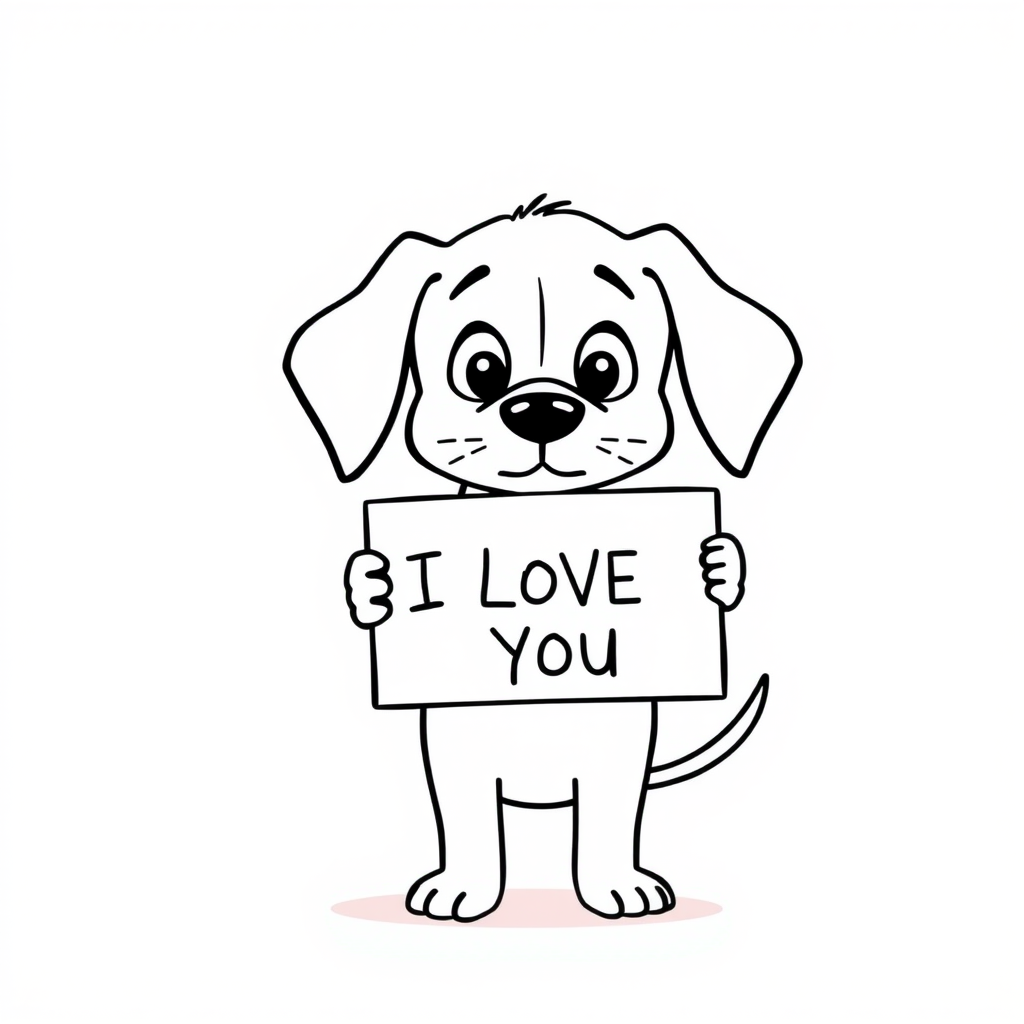 A minimalist cartoon of a PUPPY standing on a blank white background, holding a sign that simply says, 'I LOVE YOU.' The puppy is drawn with just a few lines: big eyes, whiskers, floppy ears, and a straight tail, giving it a comically desperate expression.
