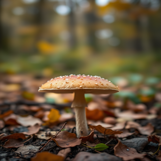 Mushroom in a forest setting with a blurred background, capturing autumn leaves, taken with a Canon EOS R5, 50mm lens, f/2.8, ISO 200, 1/200 sec, shallow depth of field.