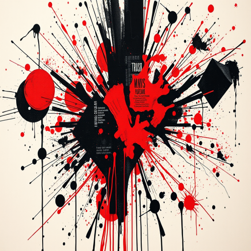 Dramatic trash polka style tattoo dubbed "Chaos and Order" combining bold geometric shapes and abstract splatters in stark black and vibrant red ink creating a powerful visual contrast between structured and chaotic elements text fragments and photorealistic elements add depth and complexity to the dynamic composition