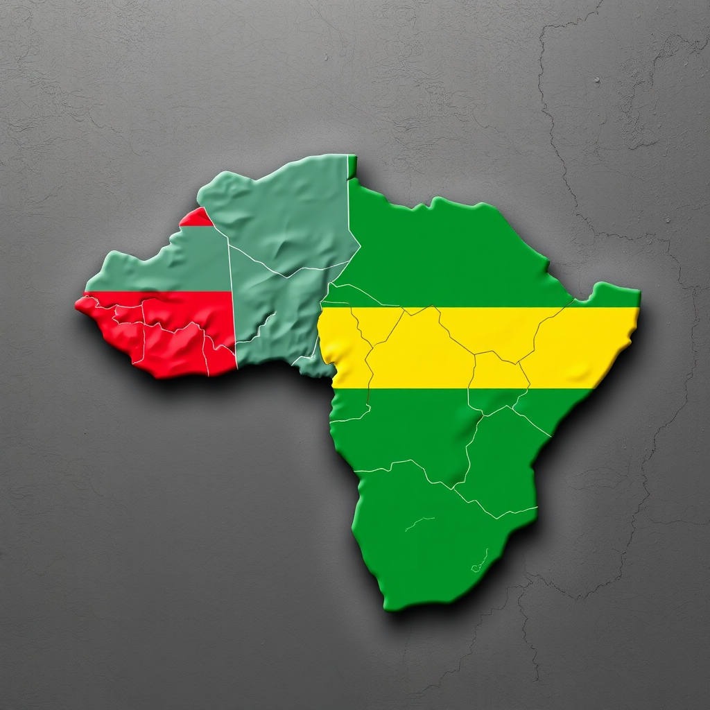 Generate a high-quality image of the Central African Republic map with its flag colors, using a DSLR camera with a 50mm lens, aperture f/8, ISO 100, shot from a top-down aerial view, in a vibrant and clear graphic style.