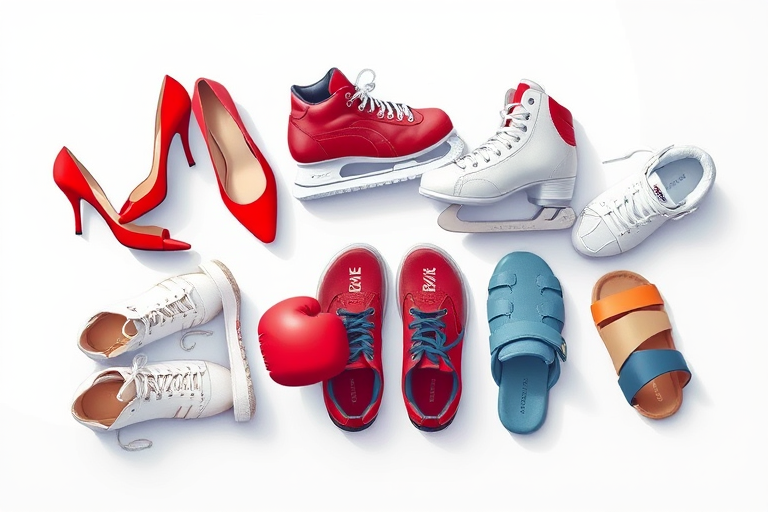 Create a high-resolution illustration of various shoe types including high heels, basketball shoes, ice skates, boxing shoes, athletic shoes, and sandals, using a top-down view with a DSLR camera, aperture set to f/4, ISO 100, and a shutter speed of 1/200s, in a clean and well-lit environment.