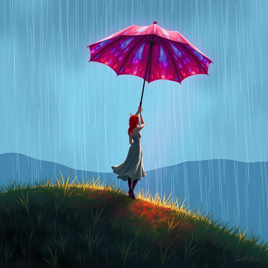A surreal hand-drawn digital artwork depicting a mysterious red-haired woman standing on a grassy hill under the rain. She holds an umbrella crafted from iridescent zircon, its vibrant sheen contrasting with the soft, rainy atmosphere. The scene feels dreamlike, blending the natural elements of the hill and rain with the otherworldly shimmer of the umbrella.