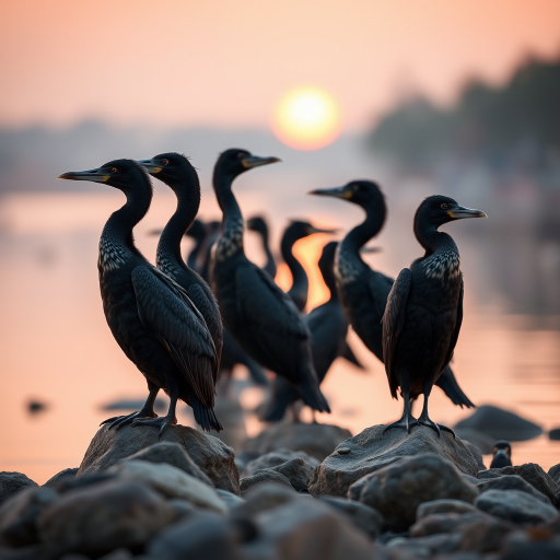 a group of cormorants standing on rocks in a calm river setting during sunrise, shallow depth of field, DSLR camera, 85mm lens, f/2.8 aperture, ISO 200, shutter speed 1/200s, golden hour lighting, focus on birds with soft background blur