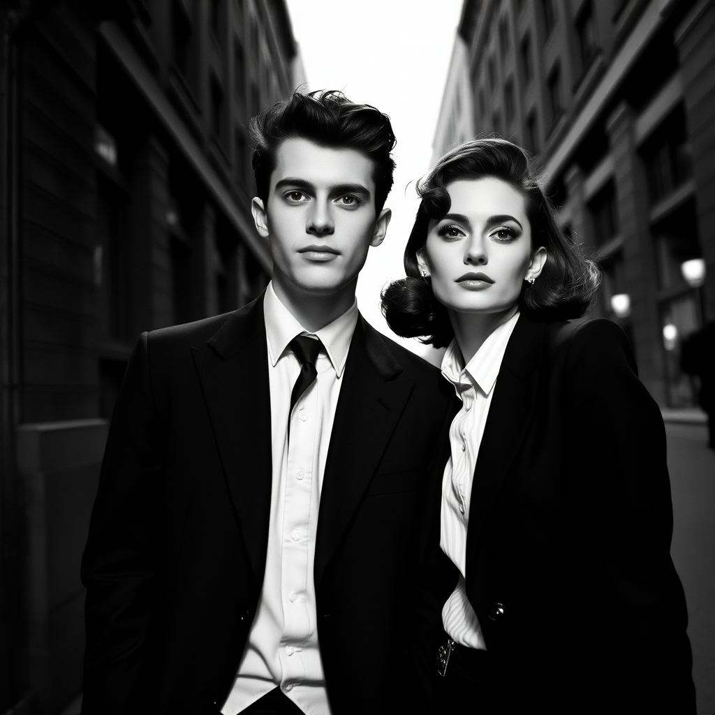 Black-and-white photograph, couple, tailored suits, retro hairstyles, film noir style, Tilt the camera for a dynamic Dutch angle using a versatile 24-70mm lens