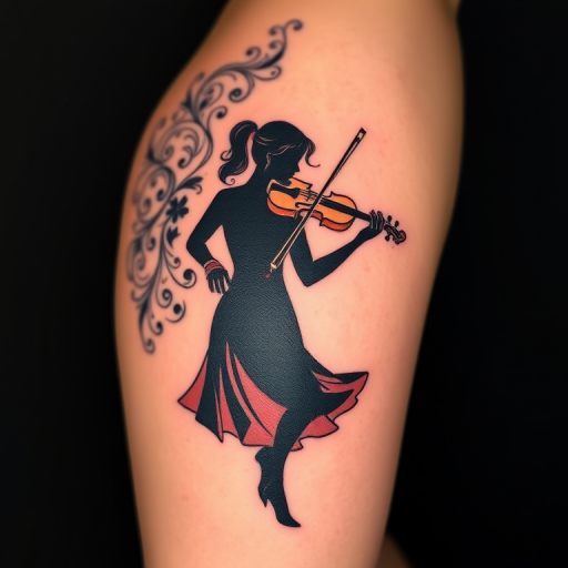 Negative space tattoo named "Silhouette Serenade" using the natural skin tone to create the main image of a female figure playing a violin, with intricate blackwork patterns filling the background