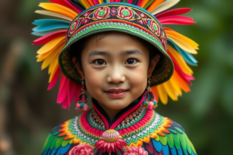 A beautiful Miao girl, wearing colorful bird clothing with vibrant colors
