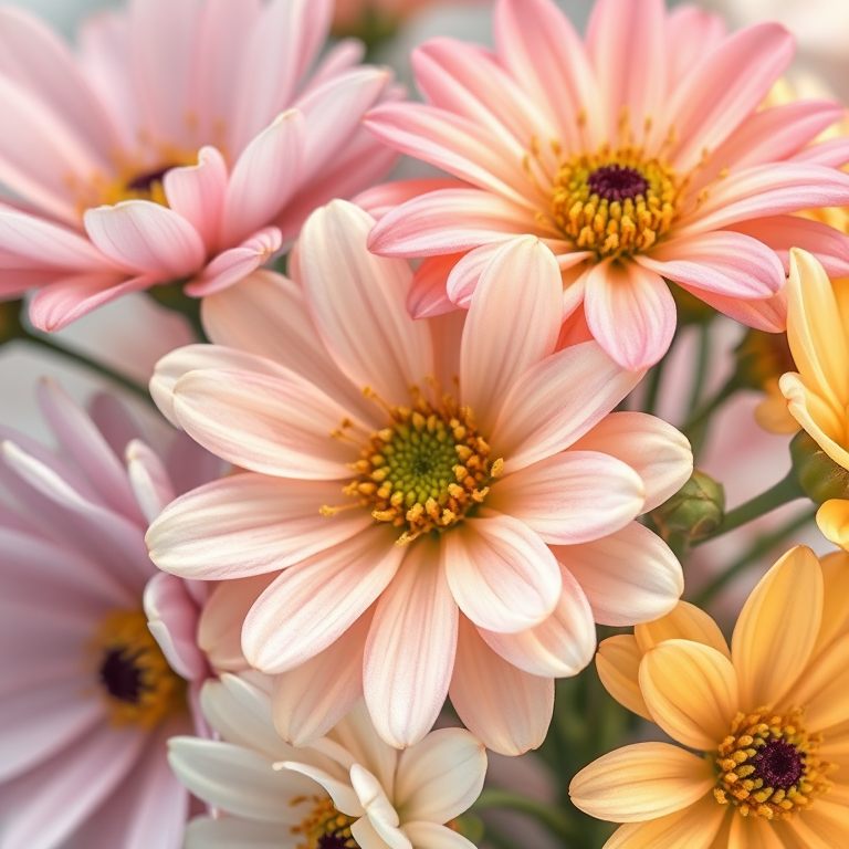 Generate a high-resolution vintage botanical illustration of flowers with soft pastel colors, 50mm lens, f/2.8 aperture, 1/250s shutter speed, natural light, macro photography style, digital camera.