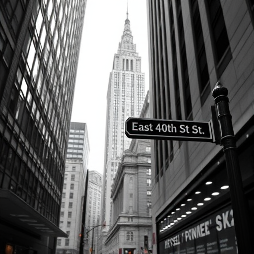 Capture a black and white photograph of the Chrysler Building viewed from street level, focusing on the signage for East 40th St, using a DSLR camera with a 50mm lens, aperture set to f/8 for sharpness, ISO 100 for clarity, and a shutter speed of 1/250s to freeze motion.