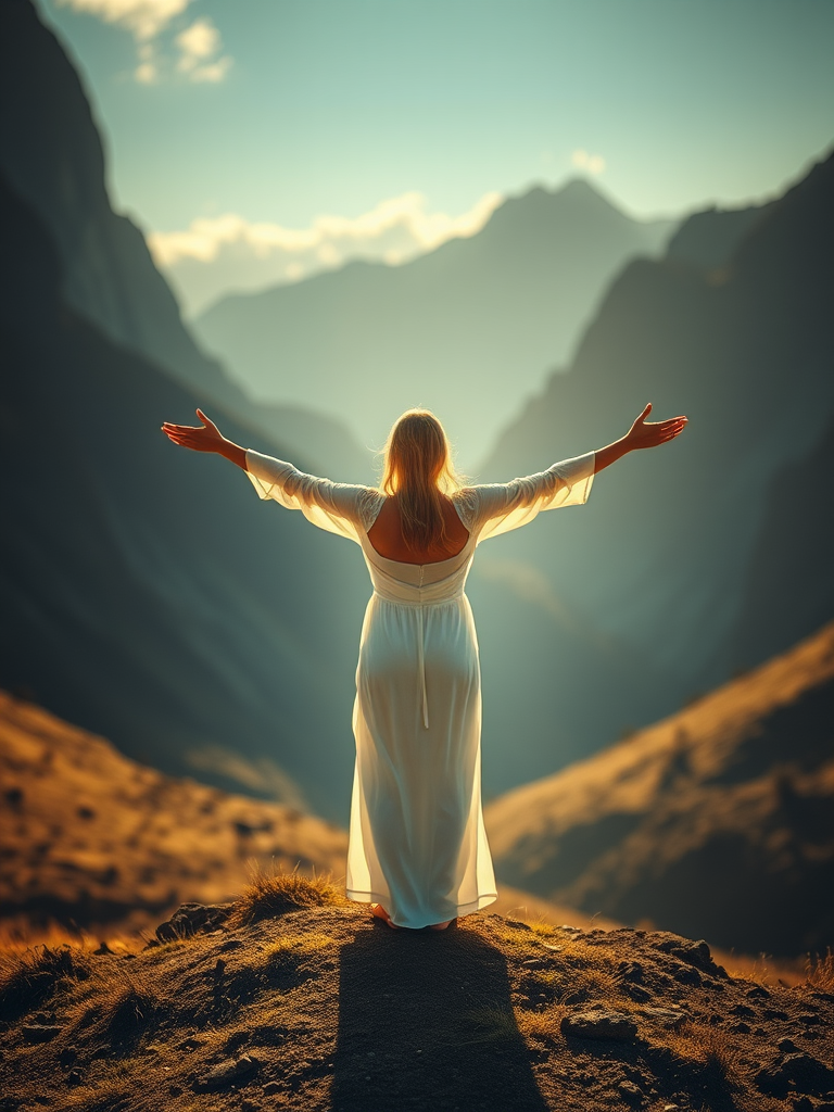 Create an image of a glowing figure with outstretched arms standing against a mountainous landscape, captured with a Canon EOS R5, 35mm lens, aperture f/1.8, ISO 100, high dynamic range, soft focus for ethereal effect, and backlighting for dramatic illumination.