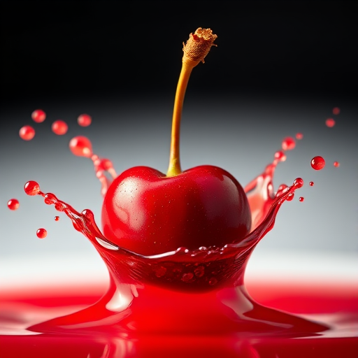 high-speed shot of a cherry splashing into red liquid, f/2.8 aperture, 1/1000 sec shutter speed, ISO 100, macro lens, soft focused background, studio lighting