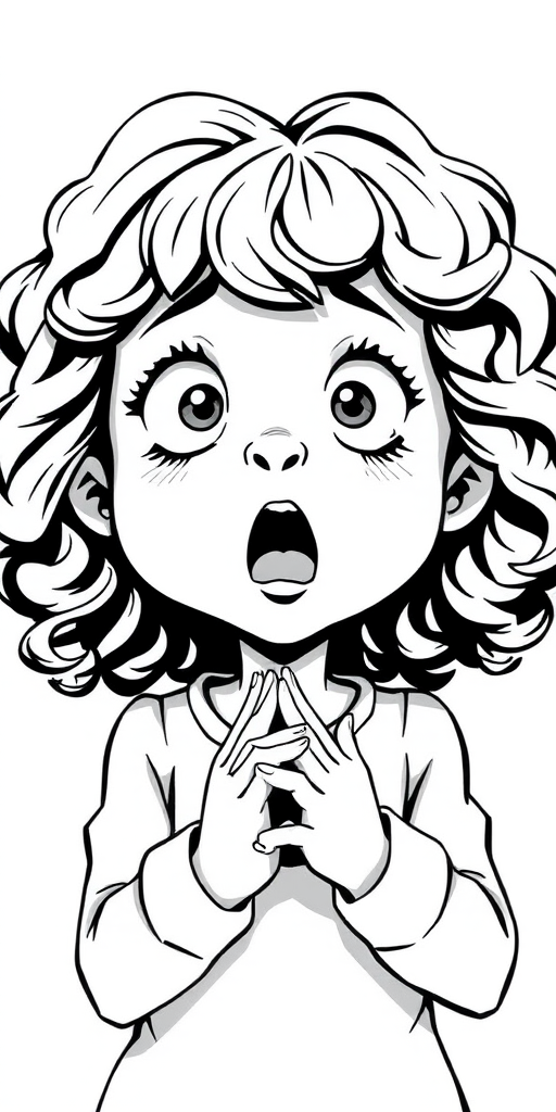 The image is a black and white illustration of a young girl with curly hair. She has a surprised expression on her face with her mouth open and her hands clasped together in front of her chest. Her eyes are wide and her eyebrows are furrowed. Her hair is styled in loose curls that are cascading down her back. The overall mood of the image is one of shock or surprise.