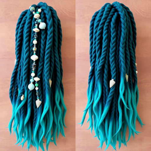 Mystical deep teal dreadlocks titled "Oceanic Tendrils" adorned with sea-inspired beads and shells, featuring an ombré effect fading into aquamarine tips