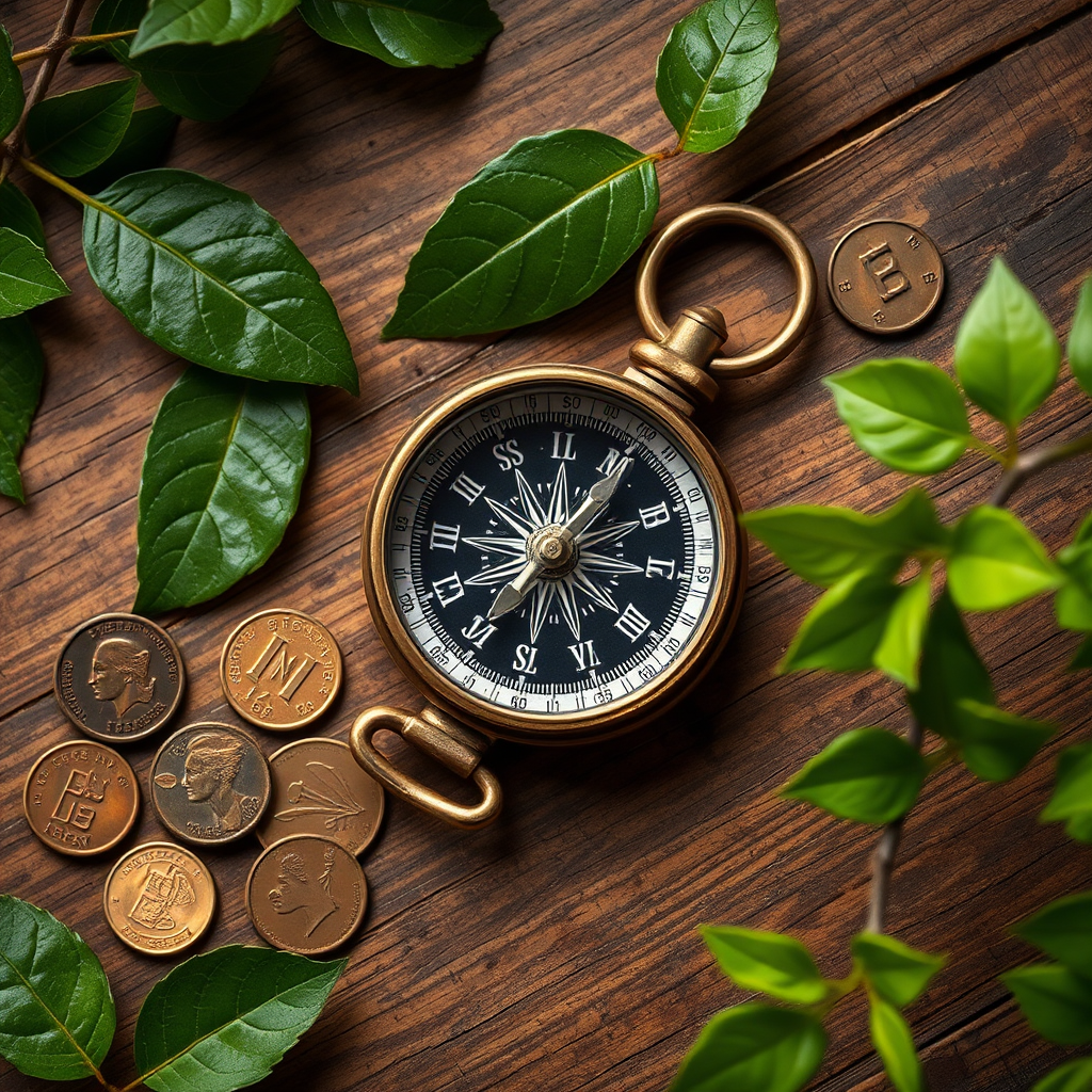 A vintage compass on a wooden surface with old coins and a black-and-white photo of a woman surrounded by green leaves, captured with a full-frame DSLR camera at f/4, ISO 100, 1/200s, overhead view, natural light.