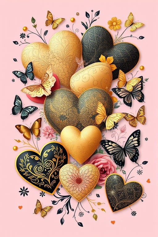 Create a vibrant digital collage featuring an array of hearts in various shades of gold and black, intertwined with intricate floral patterns and delicate butterflies, with a soft pastel pink background, captured using a Canon EOS R5 with a 50mm lens at f/2.8, ISO 100, 1/125s, in a portrait orientation to enhance detail and depth.