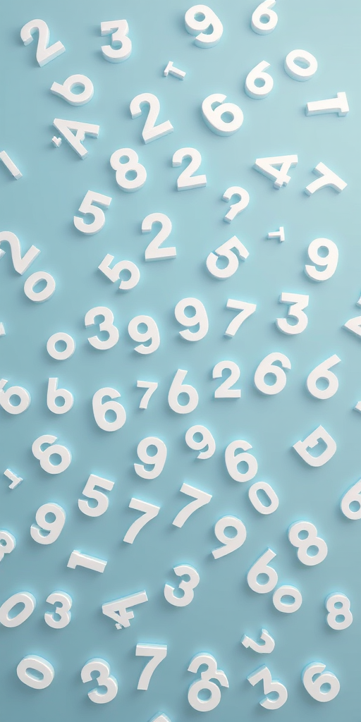 create a high-resolution image of scattered three-dimensional white numbers on a soft blue background with a focal length of 35mm, aperture f/8, ISO 100, shot from a top-down viewpoint using a DSLR camera