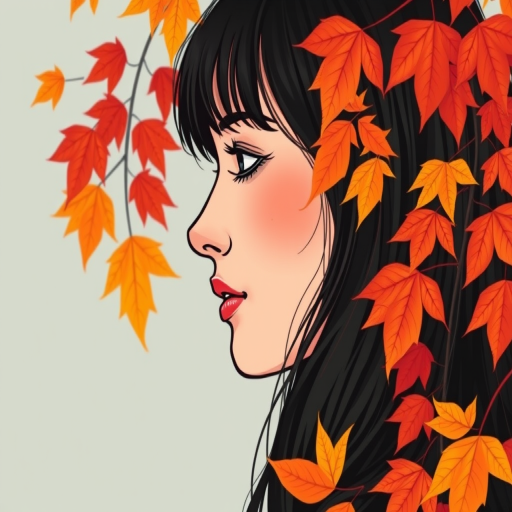 Create a detailed illustration of a woman in profile with dark hair and a calm expression, surrounded by vibrant autumn leaves in shades of orange and red, using a 50mm lens, f/2.8 aperture, 1/125 shutter speed, with a portrait style, on a digital camera.