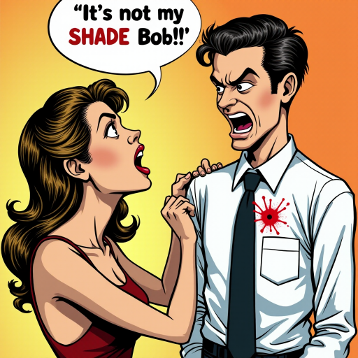A pop art piece of a very angry wife discovering a lipstick stain on a man's dress shirt. Make the print on his collar. Put a word balloon above the wife's head that says 'It's not my SHADE Bob!!!'