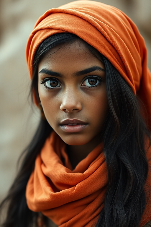 Create a portrait of a young Taino female with long, dark hair and captivating hazel eyes. She is wearing a orange headscarf and a matching scarf draped gracefully around her neck. The background is softly blurred, focusing attention on her serene and natural expression. The overall color palette is muted and warm, enhancing the intimate and authentic feel of the portrait.