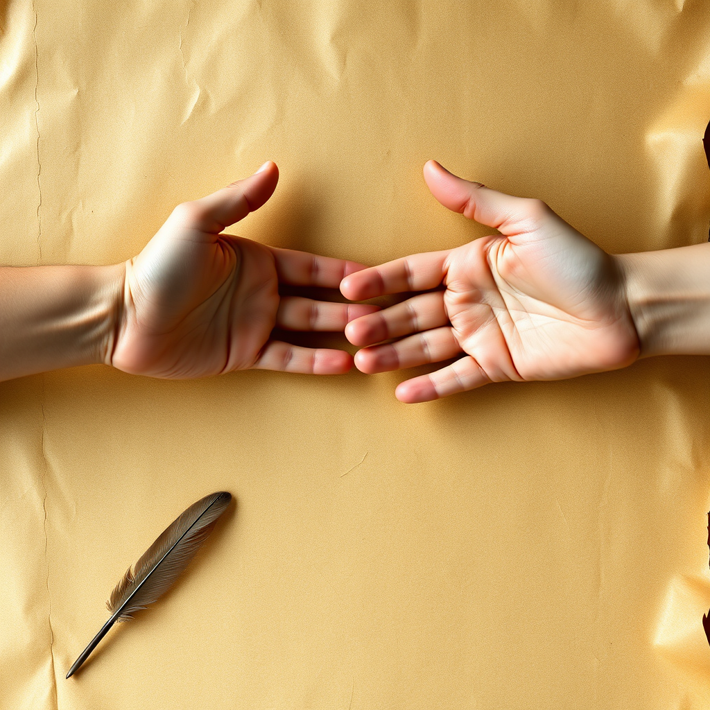 Create an artistic image of two hands reaching out to each other over a textured parchment background with a quill in the corner, shot with a DSLR camera, f-stop 8, ISO 100, 50mm lens, soft focus, natural lighting.