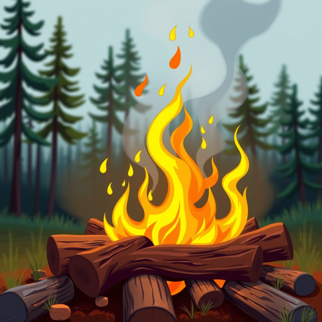 Create a vibrant, stylized illustration of a campfire with bright yellow and orange flames dancing above a pile of wooden logs, using a 50mm lens, f/2.8 aperture, ISO 200, natural light, high dynamic range for enhanced detail and color saturation.