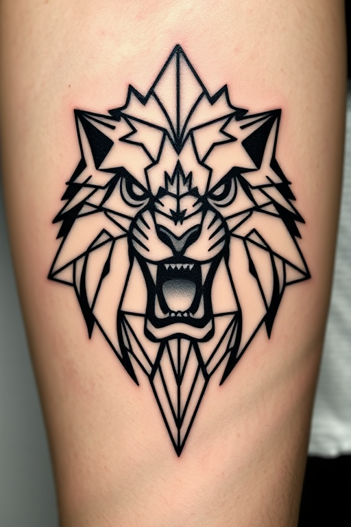 Striking geometric blackwork tattoo of a roaring lion head composed of intersecting lines and shapes, utilizing precise symmetry and dotwork accents for a modern, graphic aesthetic