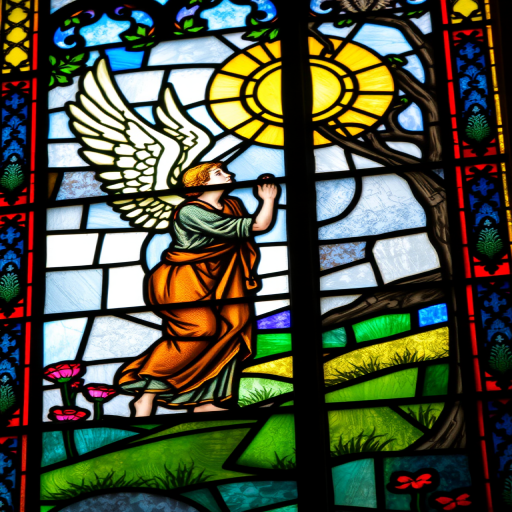 regenerate the stained glass window image depicting an angel and a man in a pastoral scene with vibrant colors and intricate details using a DSLR camera with a 50mm lens, aperture f/1.8, ISO 100, shutter speed 1/125s, captured in natural light from a low angle to enhance texture and clarity