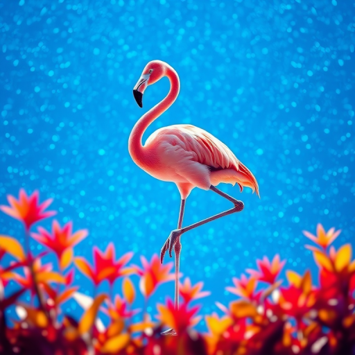 Create a vibrant digital illustration of a pink flamingo standing on one leg against a glittering blue background, incorporating bright foliage in the foreground, using a 50mm lens, f/1.8 aperture, 1/200s shutter speed, shot in soft focus with a Canon EOS R5 to enhance color saturation and clarity.
