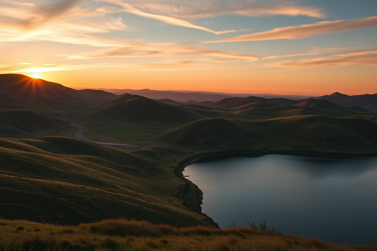 Create a detailed image of a serene landscape at sunrise with rolling hills and a calm lake, captured with a DSLR camera at 50mm focal length, f/8 aperture, ISO 100, using a wide-angle lens for a panoramic view, and a vibrant color style to enhance the natural beauty.