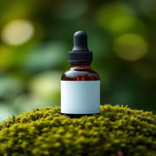 Create a highly detailed image of a dropper bottle with a blank label standing on lush green moss, set against a blurred background of soft green bokeh, using a Canon EOS R5 with a 50mm f/1.2 lens, aperture set to f/1.8 for shallow depth of field, ISO 100 for clarity, and a soft natural lighting setup to enhance texture and color vibrancy.