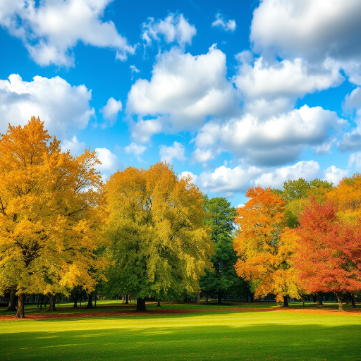 landscape of a park with trees changing colors under a blue sky with fluffy clouds, shot with a Canon EOS 5D Mark IV, aperture f/8, shutter speed 1/200 sec, ISO 100, wide-angle lens, vibrant colors, natural lighting, high dynamic range