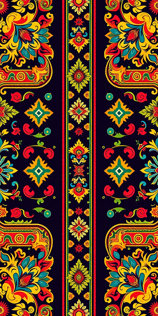 Create a vibrant and intricate pattern featuring decorative borders in various colors and styles, captured with a Canon EOS R5, 50mm lens, f/2.8 aperture, ISO 100, with soft natural lighting and a shallow depth of field for enhanced detail.