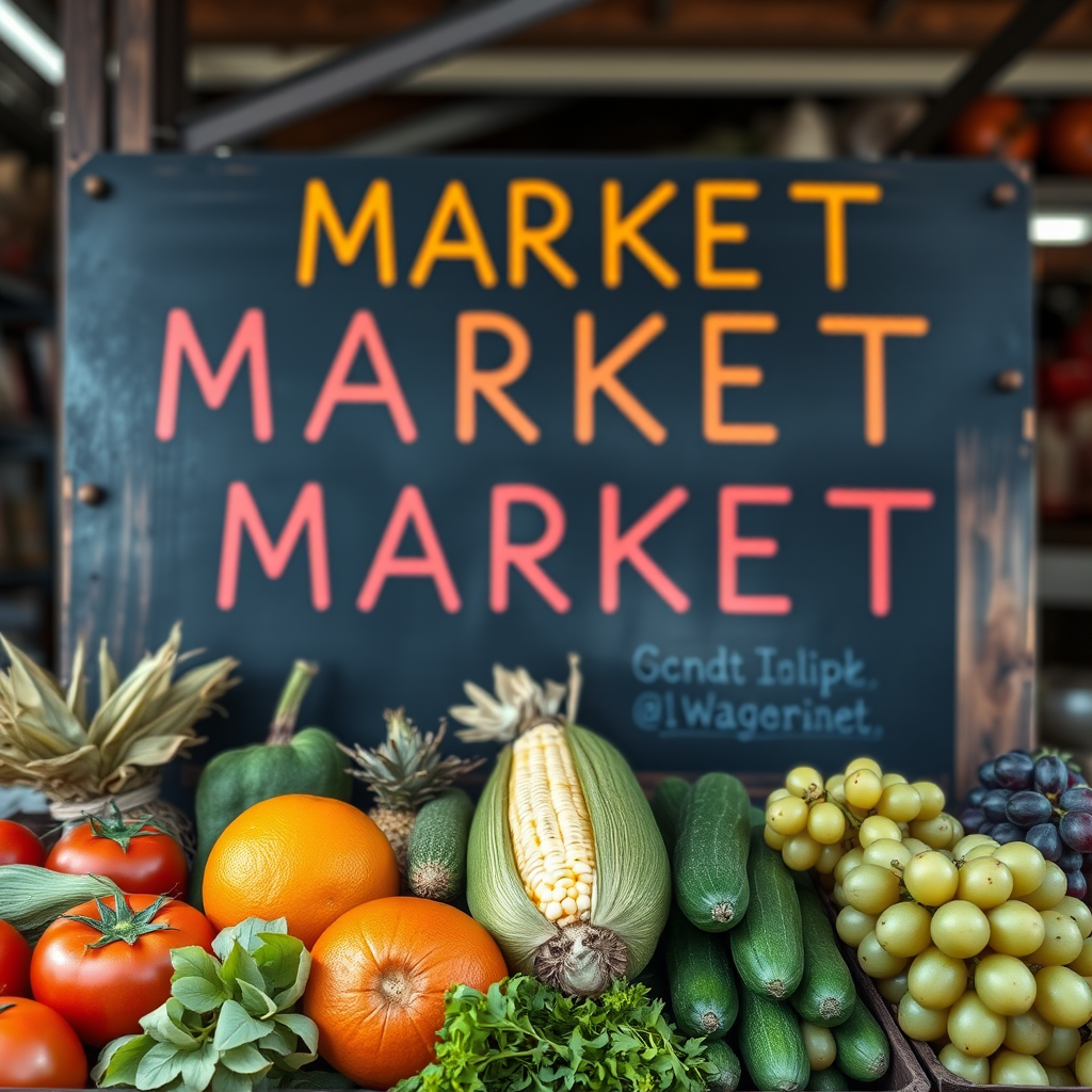 Create a vibrant market sign featuring fresh vegetables and fruits like tomatoes, corn, an orange, cucumbers, and grapes, using a high-resolution digital camera with a 50mm lens, f/2.8 aperture, ISO 100, and a shallow depth of field to highlight colors and textures, shot from eye level in a soft, natural light setting.