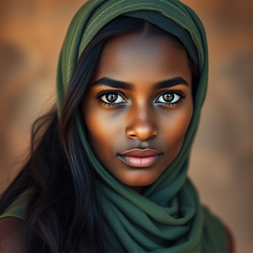 Create a portrait of a young Nubian woman with long, dark hair and captivating hazel eyes. She is wearing a green headscarf and a matching scarf draped gracefully around her neck. The background is softly blurred, focusing attention on her serene and natural expression. The overall color palette is muted and warm, enhancing the intimate and authentic feel of the portrait.