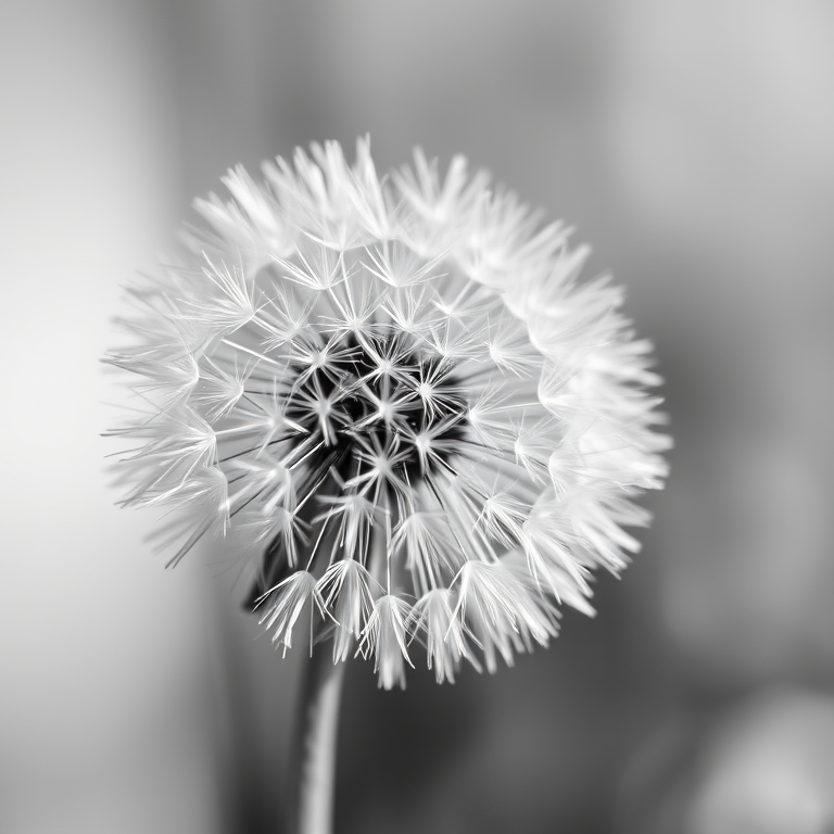 macro shot of a dandelion seed head in black and white, soft focus background, natural light, aperture f/2.8, shutter speed 1/200s, ISO 100, Nikon D850, 105mm lens