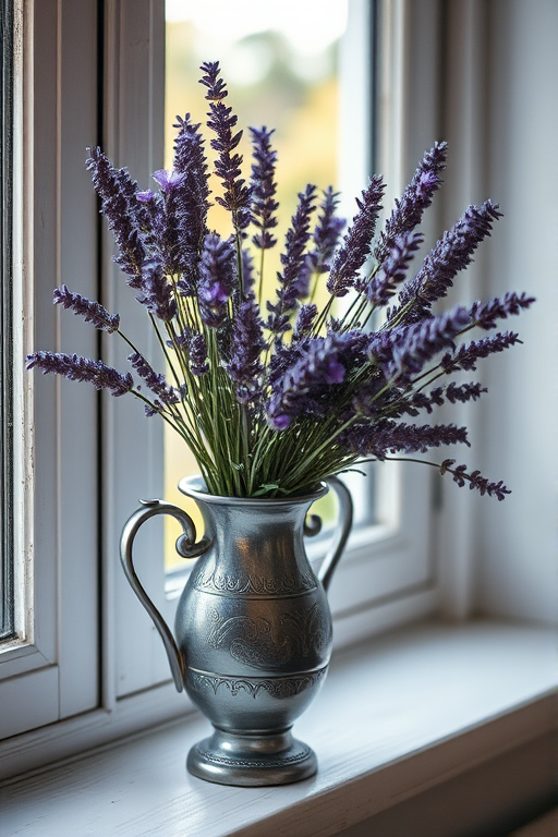 Create a serene still life of a bouquet of lavender in an ornate vase on a windowsill, with soft natural light illuminating the scene, detailed textures in the flowers and vase, shot with a DSLR camera at f/2.8 aperture, ISO 100, 50mm lens, and a warm, soft-focus style.