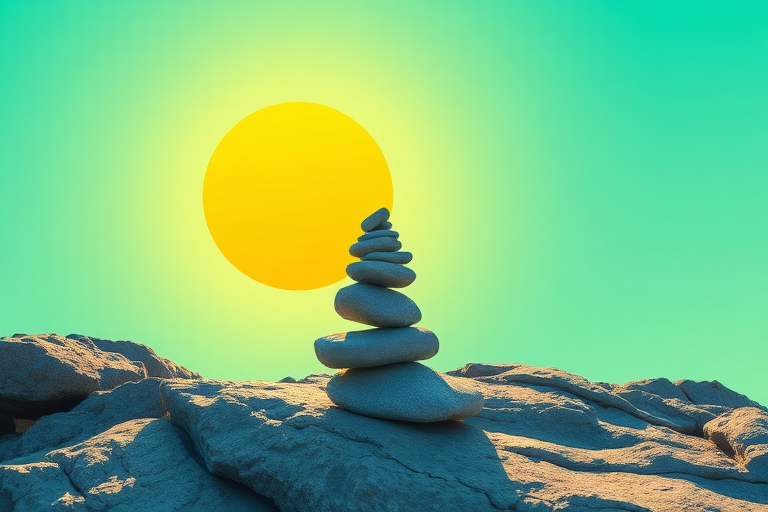 create a minimalist digital illustration of stacked stones on a rock against a bright yellow sun with a turquoise sky, using a Canon EOS R5, ISO 100, f/8, 1/200 sec, wide-angle lens, vibrant colors and high contrast for enhanced clarity